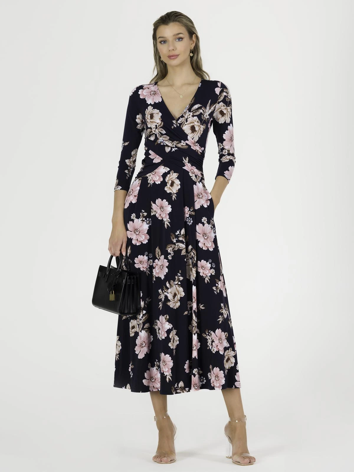 Quintella Jersey Side Split Maxi Dress, Navy Floral 1 Quintella Jersey Side Split Maxi Dress, Navy Floral