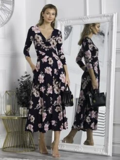 Quintella Jersey Side Split Maxi Dress, Navy Floral 10 Quintella Jersey Side Split Maxi Dress, Navy Floral -DORIA Clothing Shop 322 2952 NavyFloral 3