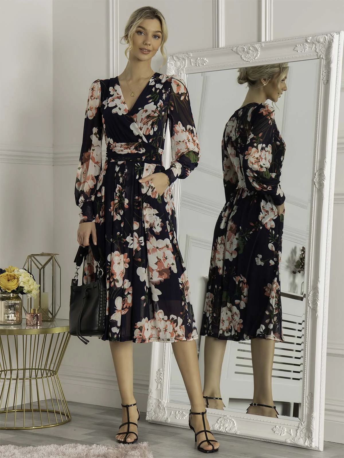 Jasmine Long Sleeve Mesh Dress, Navy Floral 3 Jasmine Long Sleeve Mesh Dress, Navy Floral - Image 3
