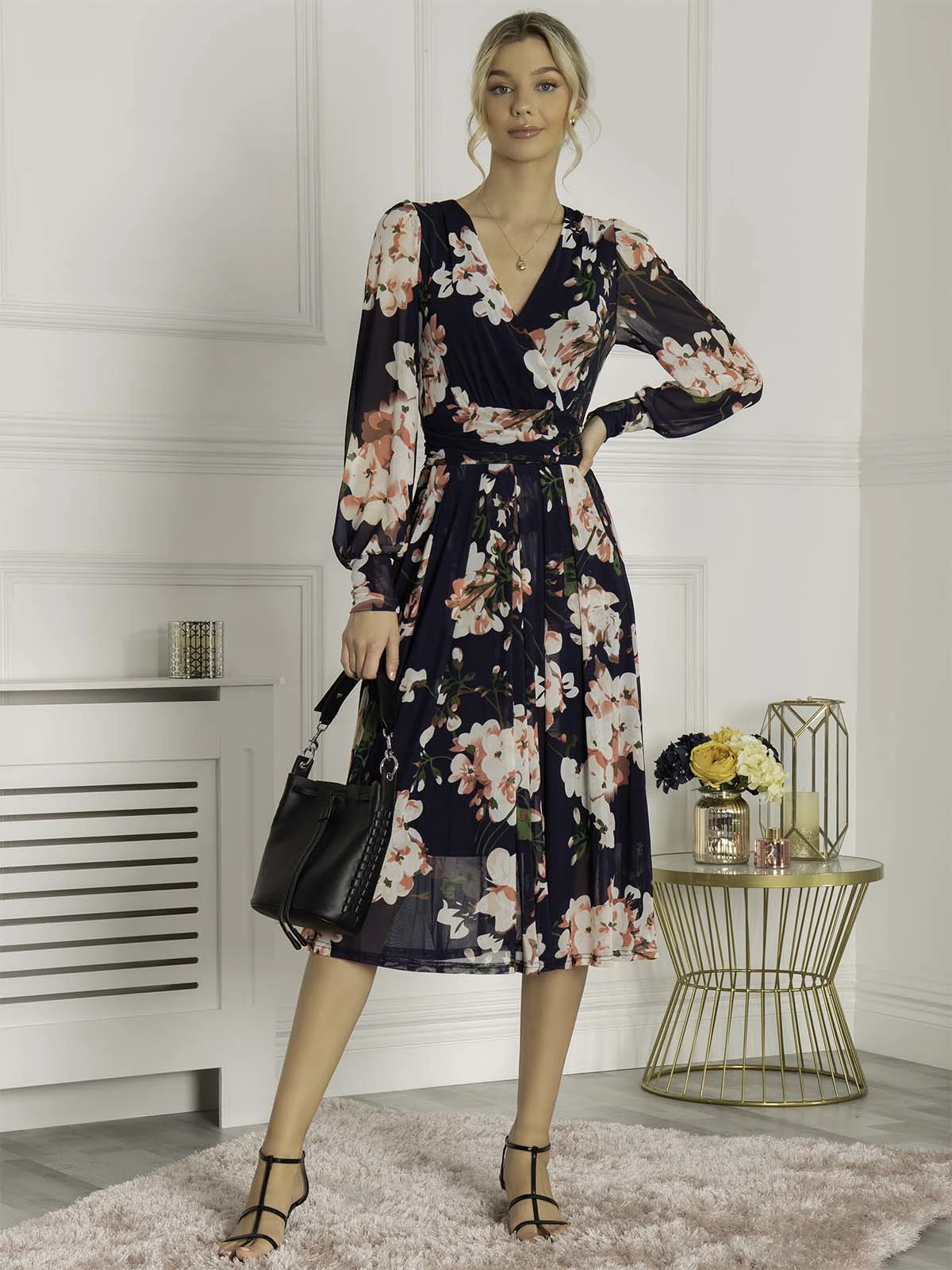 Jasmine Long Sleeve Mesh Dress, Navy Floral 4 Jasmine Long Sleeve Mesh Dress, Navy Floral - Image 4