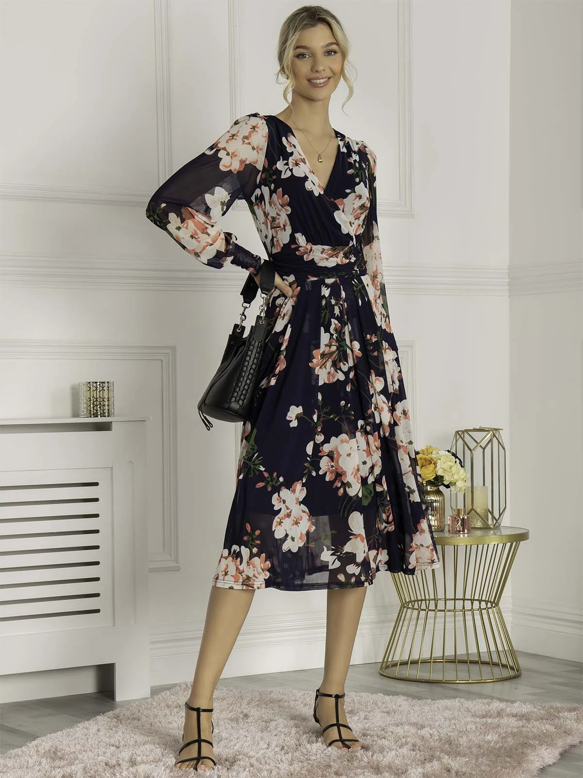 Jasmine Long Sleeve Mesh Dress, Navy Floral 1 Jasmine Long Sleeve Mesh Dress, Navy Floral