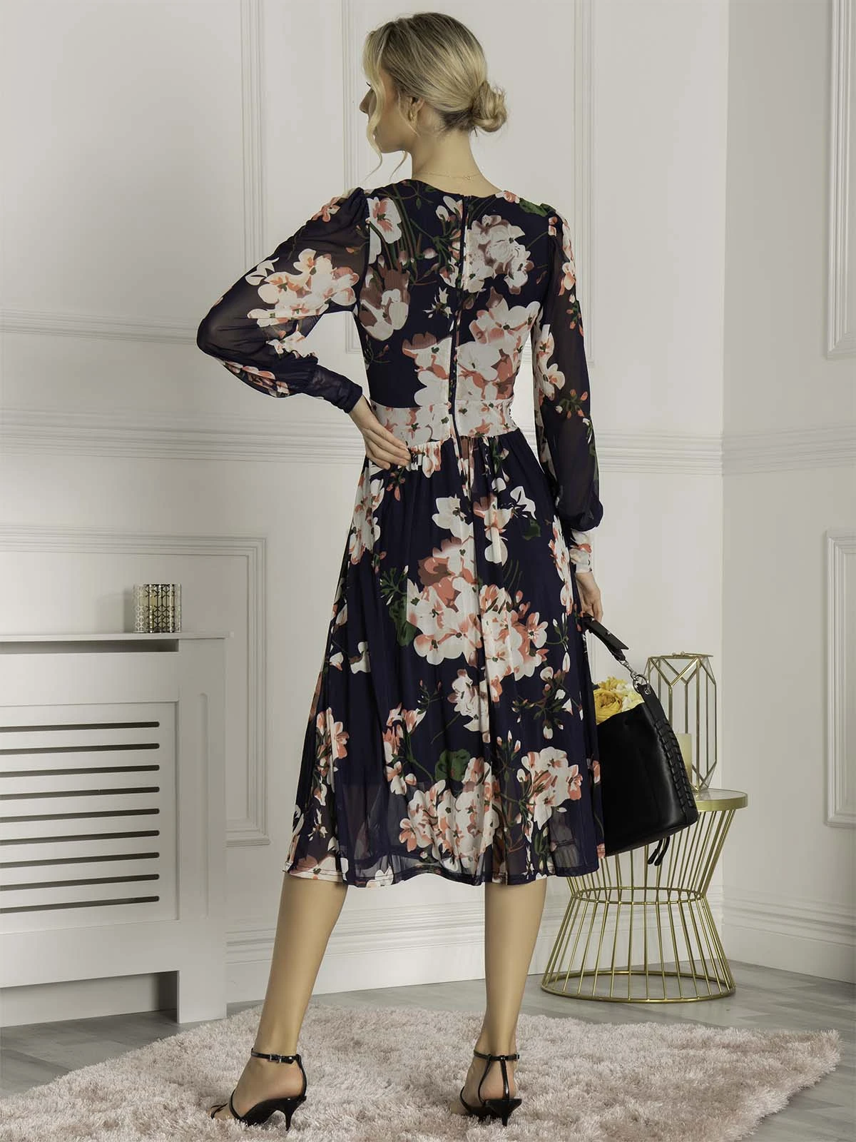 Jasmine Long Sleeve Mesh Dress, Navy Floral 2 Jasmine Long Sleeve Mesh Dress, Navy Floral - Image 2