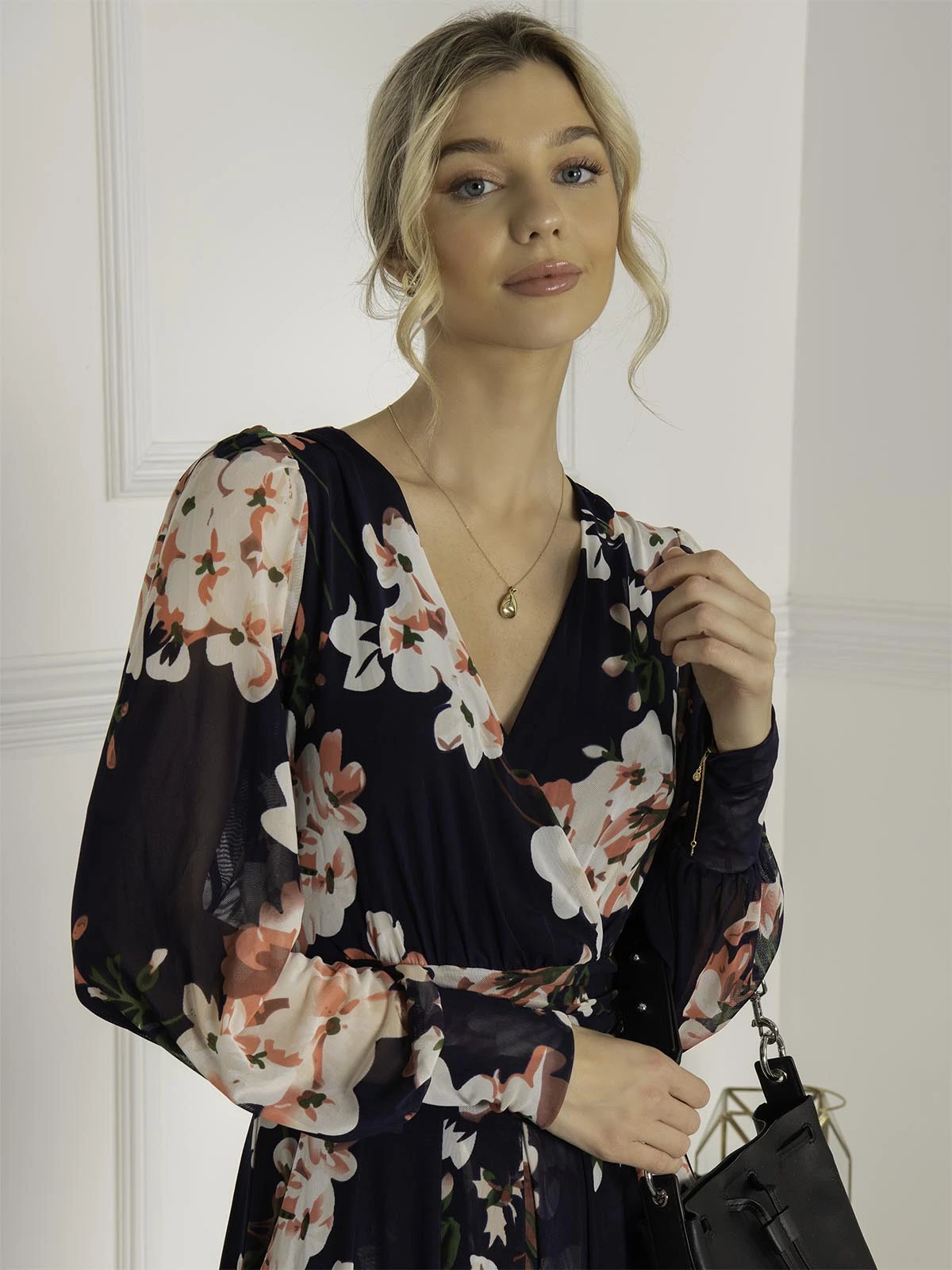 Jasmine Long Sleeve Mesh Dress, Navy Floral 5 Jasmine Long Sleeve Mesh Dress, Navy Floral - Image 5