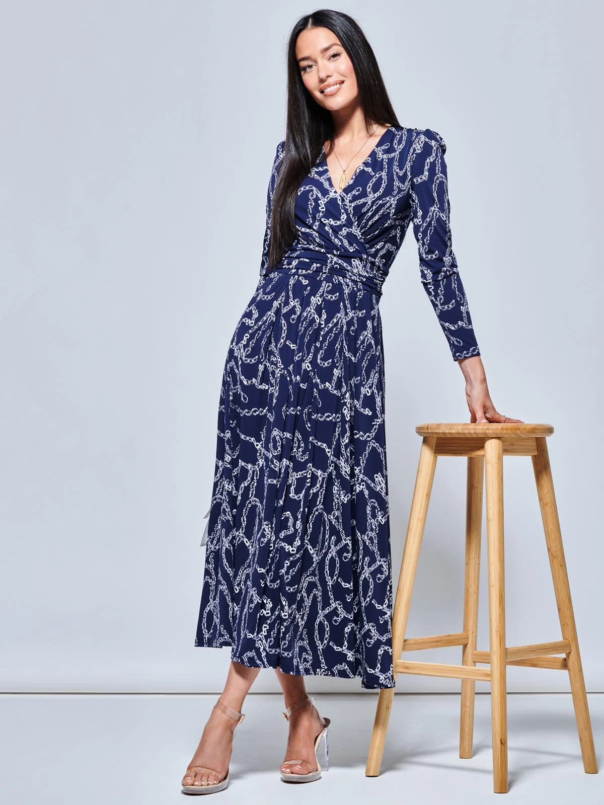 Chain Print Long Sleeve Maxi Dress, Navy 1 Chain Print Long Sleeve Maxi Dress, Navy