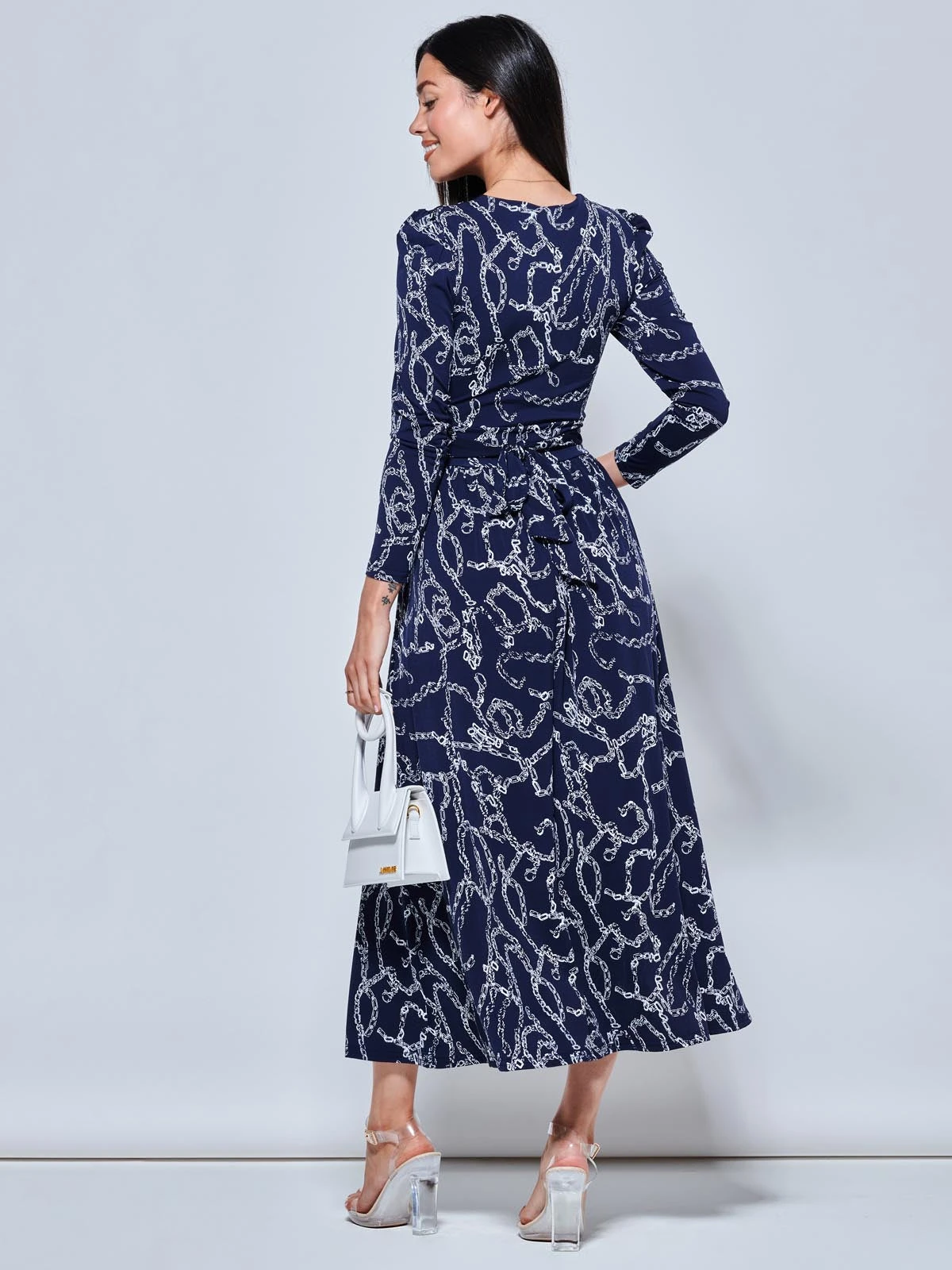 Chain Print Long Sleeve Maxi Dress, Navy 2 Chain Print Long Sleeve Maxi Dress, Navy - Image 2