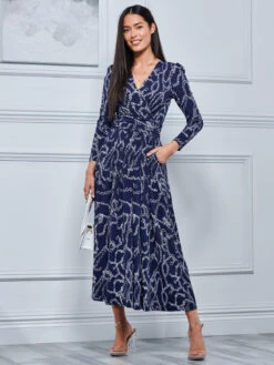 Chain Print Long Sleeve Maxi Dress, Navy 8 Chain Print Long Sleeve Maxi Dress, Navy -DORIA Clothing Shop 504 1331 Navy 4
