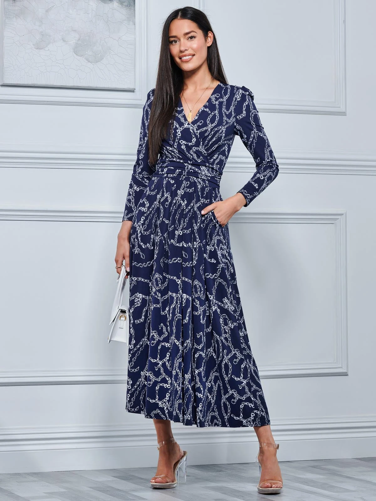 Chain Print Long Sleeve Maxi Dress, Navy 4 Chain Print Long Sleeve Maxi Dress, Navy - Image 4