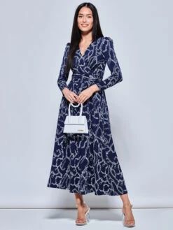 Chain Print Long Sleeve Maxi Dress, Navy 9 Chain Print Long Sleeve Maxi Dress, Navy -DORIA Clothing Shop 504 1331 Navy 5