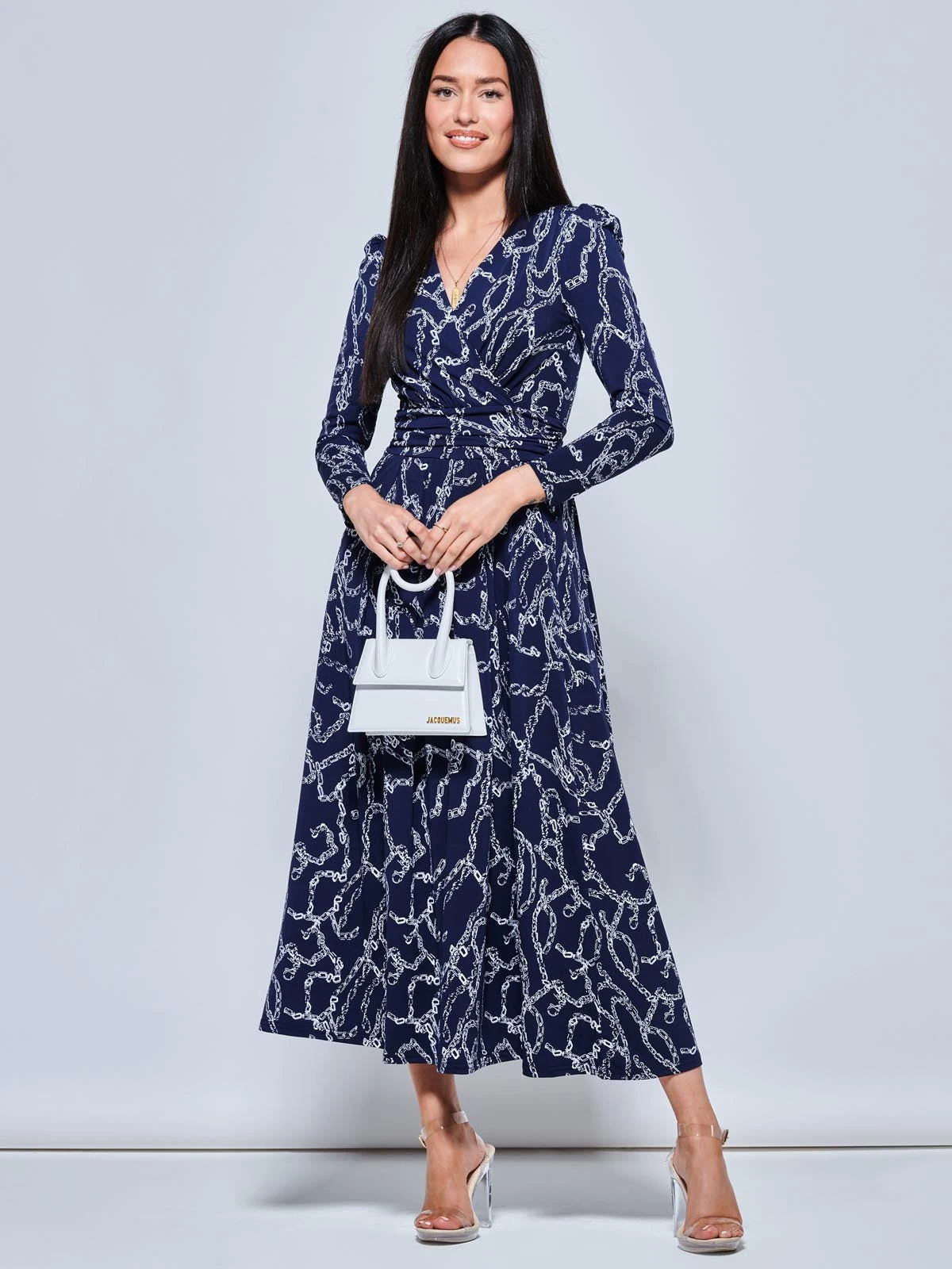 Chain Print Long Sleeve Maxi Dress, Navy 5 Chain Print Long Sleeve Maxi Dress, Navy - Image 5