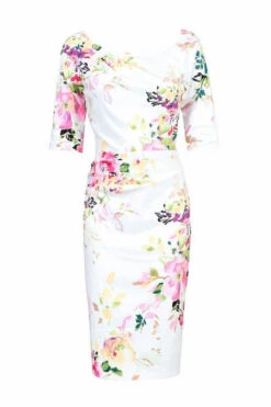 Retro Floral Print Half Sleeve Dress, White Floral -DORIA Clothing Shop 5053319206774 3 Copy