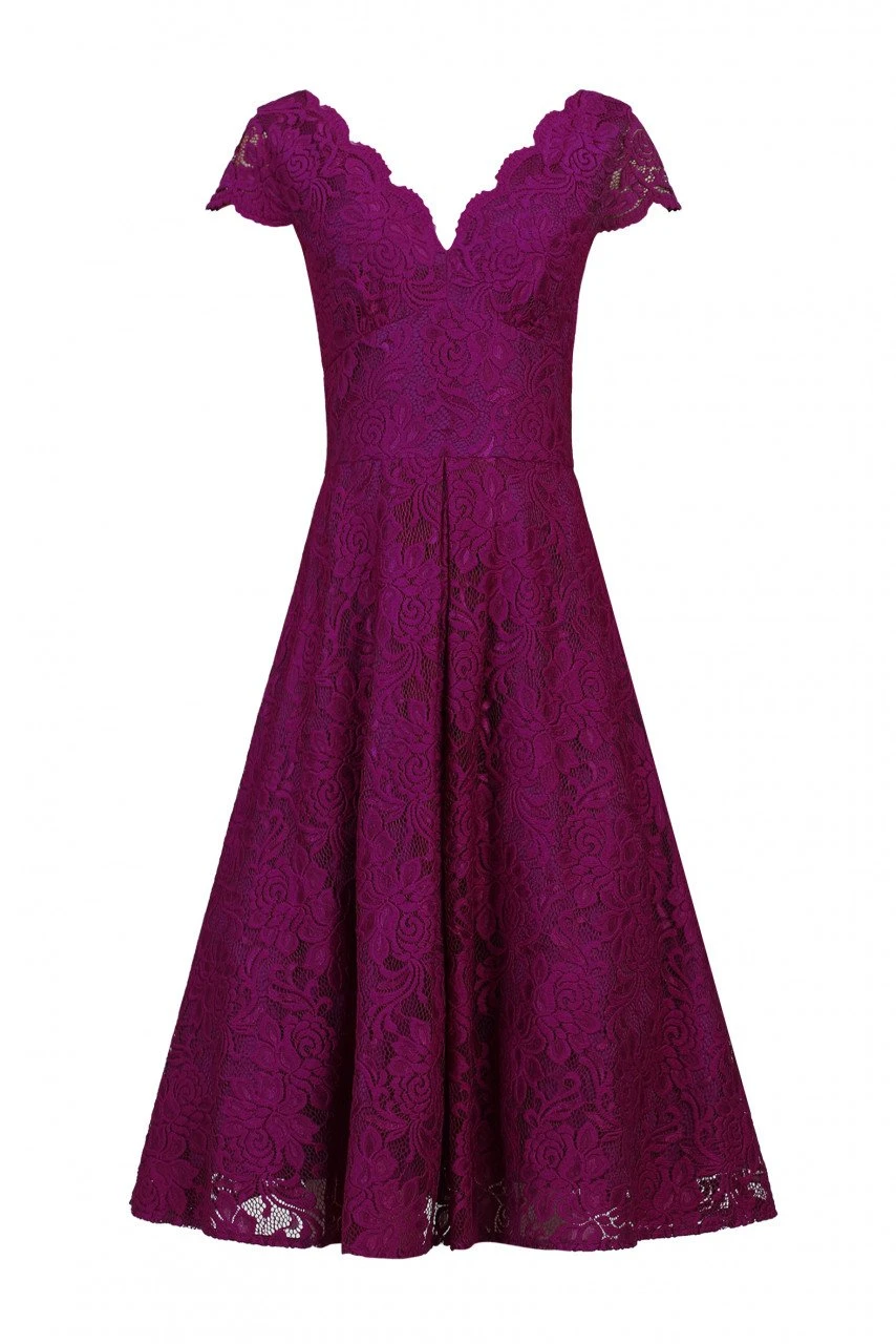 Scalloped V Neck Cap Sleeve Lace Dress, Dark Purple 7 Scalloped V Neck Cap Sleeve Lace Dress, Dark Purple - Image 7