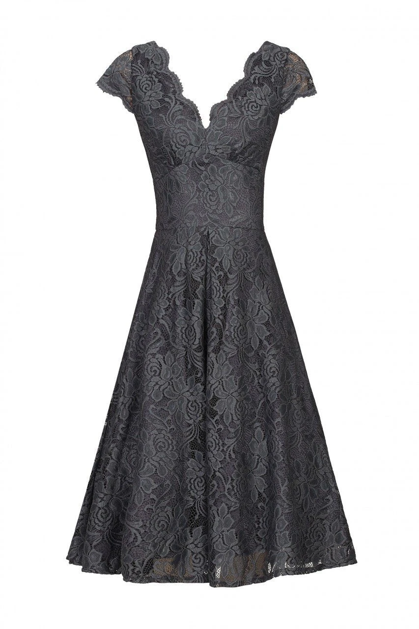 1950s Cap Sleeve Lace Prom Dress, Dark Grey 6 1950s Cap Sleeve Lace Prom Dress, Dark Grey - Image 6