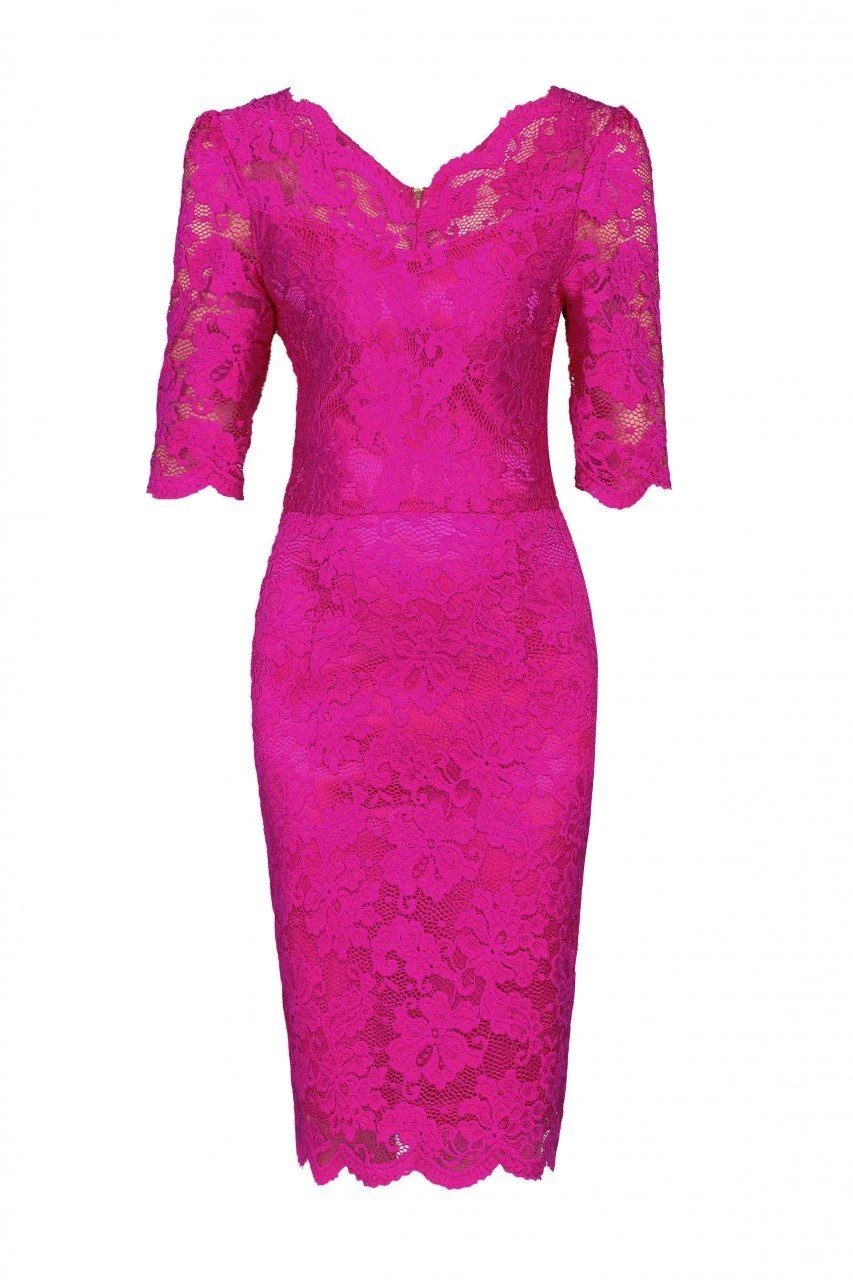 Scalloped V-Neck Lace Bodycon Dress, Pink 6 Scalloped V-Neck Lace Bodycon Dress, Pink - Image 6