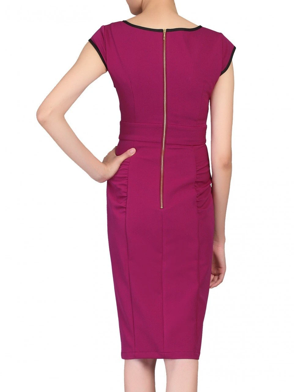 Contrast Trim Bow Detail Wiggle Dress, Berry 3 Contrast Trim Bow Detail Wiggle Dress, Berry - Image 3