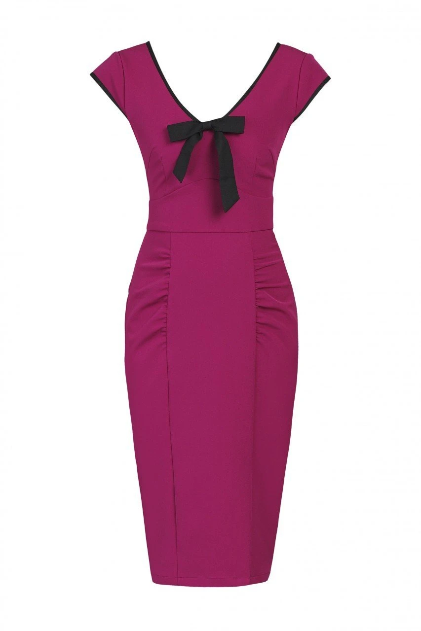 Contrast Trim Bow Detail Wiggle Dress, Berry 4 Contrast Trim Bow Detail Wiggle Dress, Berry - Image 4