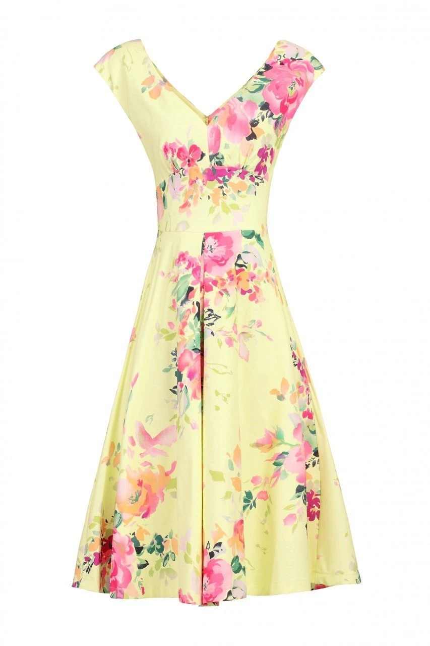 Floral Print Sweetheart Neck Dress, Yellow Floral 1 Floral Print Sweetheart Neck Dress, Yellow Floral
