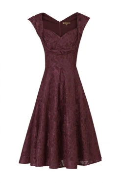 Retro Pleated Bust Bonded Lace Dress, Dark Red