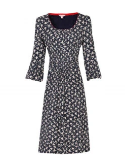 Print 3/4 Bell Sleeve Viscose Dress Black Leafy
