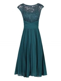 Cindy Lace Bodice Pleated Dress, Dark Teal