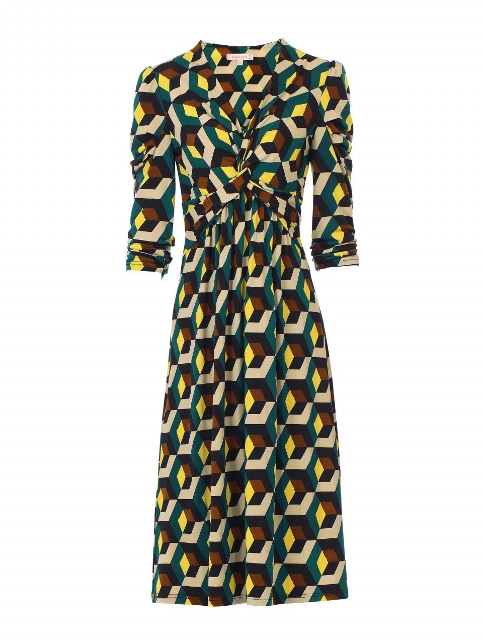 3/4 Sleeve Twisted Knot Jersey Dress, Teal Geo 9 3/4 Sleeve Twisted Knot Jersey Dress, Teal Geo - Image 9