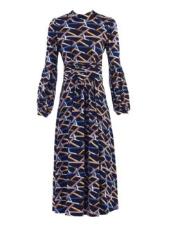 Polo Neck Long Sleeve Midi Dress, Navy Pattern -DORIA Clothing Shop 5053319262961 3 9356ce18 484d 4c18 95f2 0192ebd35f5f