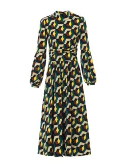 Polo Neck Long Sleeve Midi Dress, Teal/White Geo