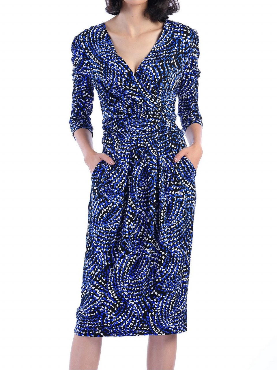Jolie Moi Blue Wrap Front Midi Dress, Blue Pattern 1 Jolie Moi Blue Wrap Front Midi Dress, Blue Pattern