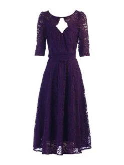 Fit & Flare Sleeved Lace Midi Dress, Dark Purple -DORIA Clothing Shop 5053319265412 3 84489 6416cedd 8f35 407a 8f5c 473a516e27a3