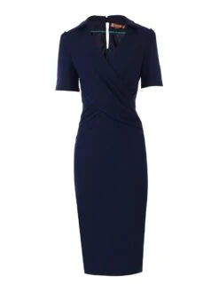 Half Sleeve Cross Front Pencil Dress, Navy