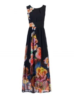 Printed Chiffon Maxi Dress, Black Multi