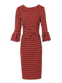 Bell Sleeve Fold Neck Jersey Dress, Red Geo -DORIA Clothing Shop 5053319277231 3 60932 3484d178 b4db 4393 883a 5efca082e13f