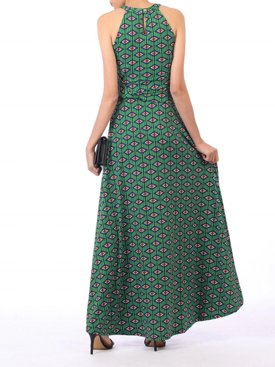 Jolie Moi Geometric Print Halter Neck Maxi Dress, Green Geo 2 Jolie Moi Geometric Print Halter Neck Maxi Dress, Green Geo - Image 2