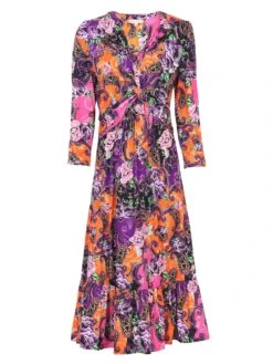 Twist Front Midi Ruffle Dress, Purple Multi