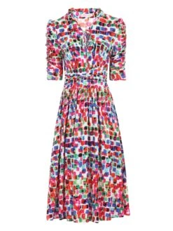 Tie Neck Midi Dress, White Multi