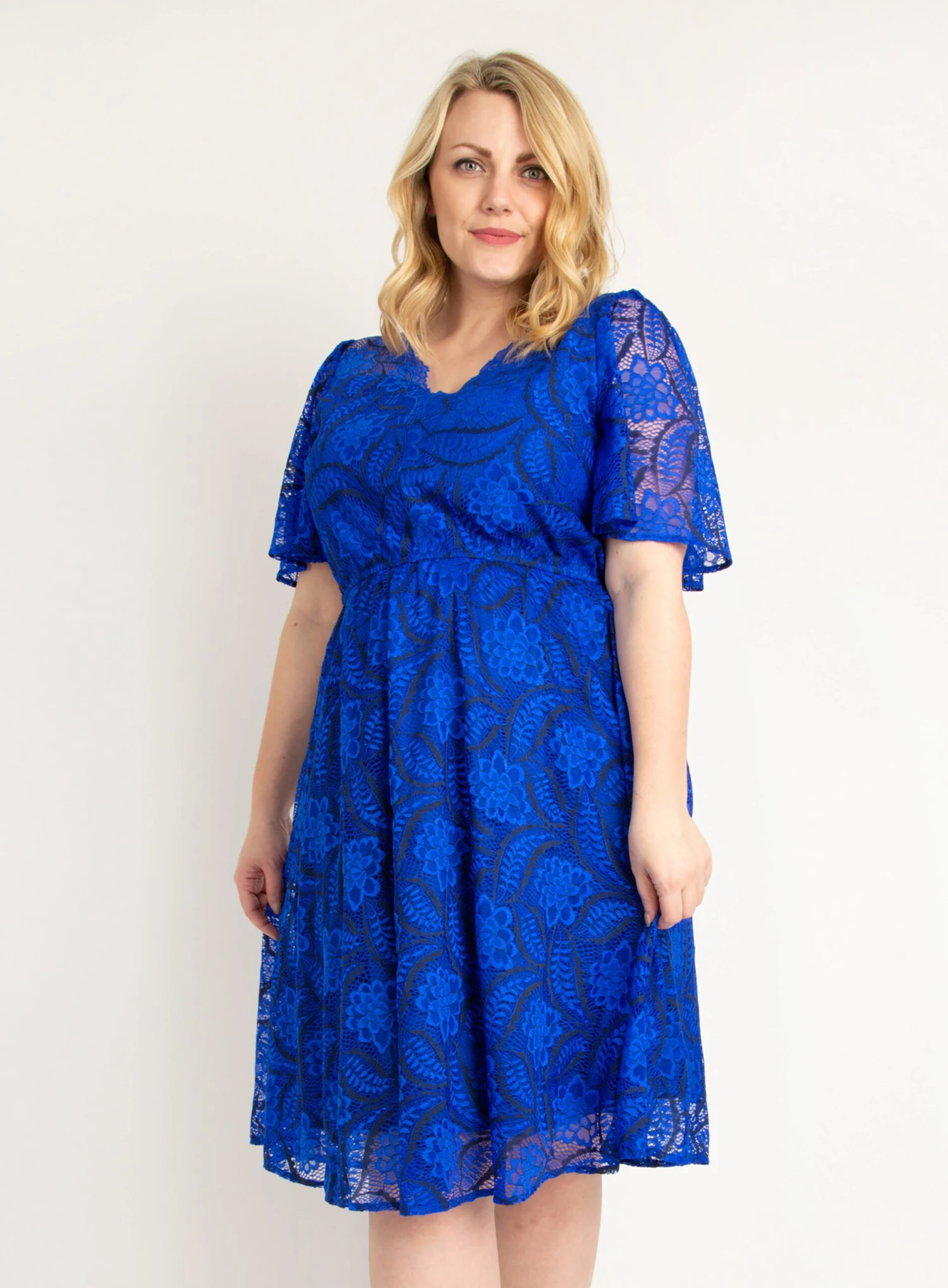 Plus Size Flare Sleeve Belted Lace Dress, Royal Blue 1 Plus Size Flare Sleeve Belted Lace Dress, Royal Blue