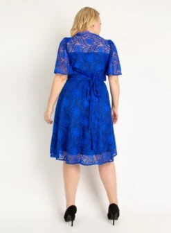 Plus Size Flare Sleeve Belted Lace Dress, Royal Blue 7 Plus Size Flare Sleeve Belted Lace Dress, Royal Blue -DORIA Clothing Shop 5053319323020 03