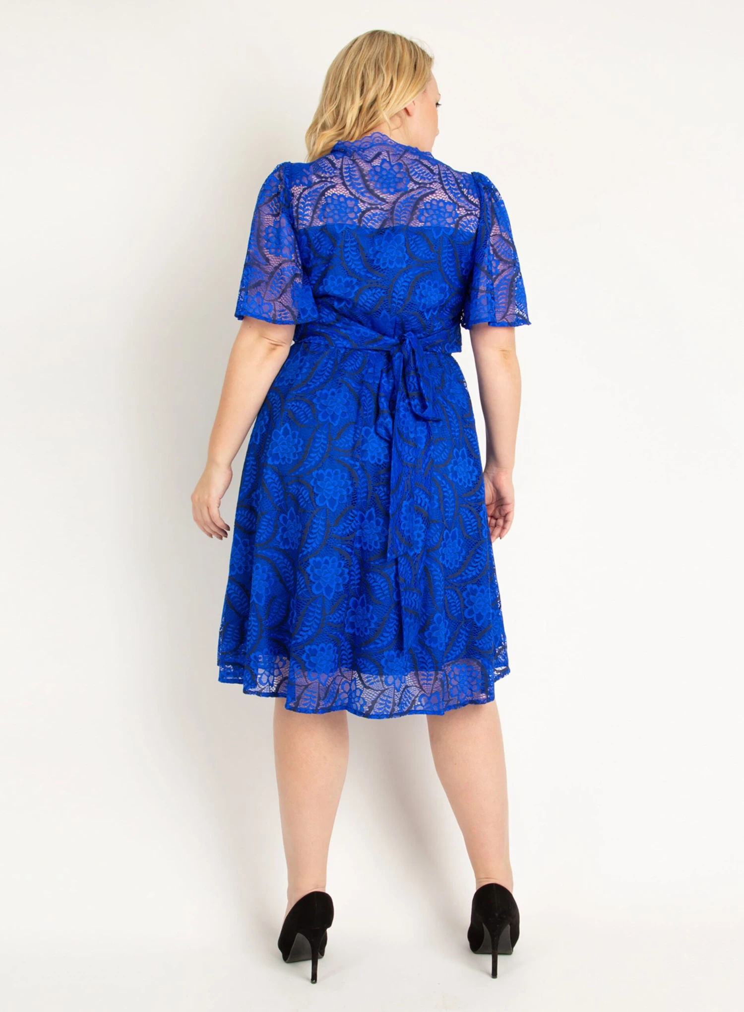 Plus Size Flare Sleeve Belted Lace Dress, Royal Blue 3 Plus Size Flare Sleeve Belted Lace Dress, Royal Blue - Image 3