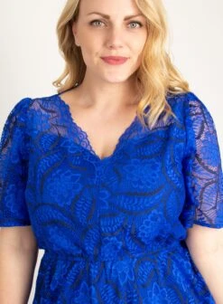 Plus Size Flare Sleeve Belted Lace Dress, Royal Blue 9 Plus Size Flare Sleeve Belted Lace Dress, Royal Blue -DORIA Clothing Shop 5053319323020 04