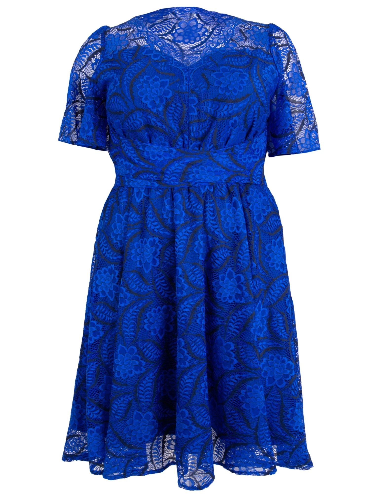 Plus Size Flare Sleeve Belted Lace Dress, Royal Blue 4 Plus Size Flare Sleeve Belted Lace Dress, Royal Blue - Image 4