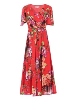 Printed Mesh Long Midi Dress, Red Floral