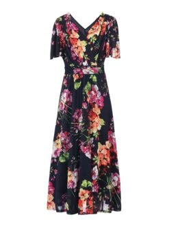 Printed Mesh Long Midi Dress, Navy Floral -DORIA Clothing Shop 5053319323624 3 e108b687 7e25 47fe a05b 23ba0f741f24