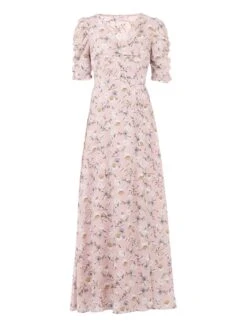 Puffy Sleeved Maxi Dress, Pink Floral -DORIA Clothing Shop 5053319325680 3
