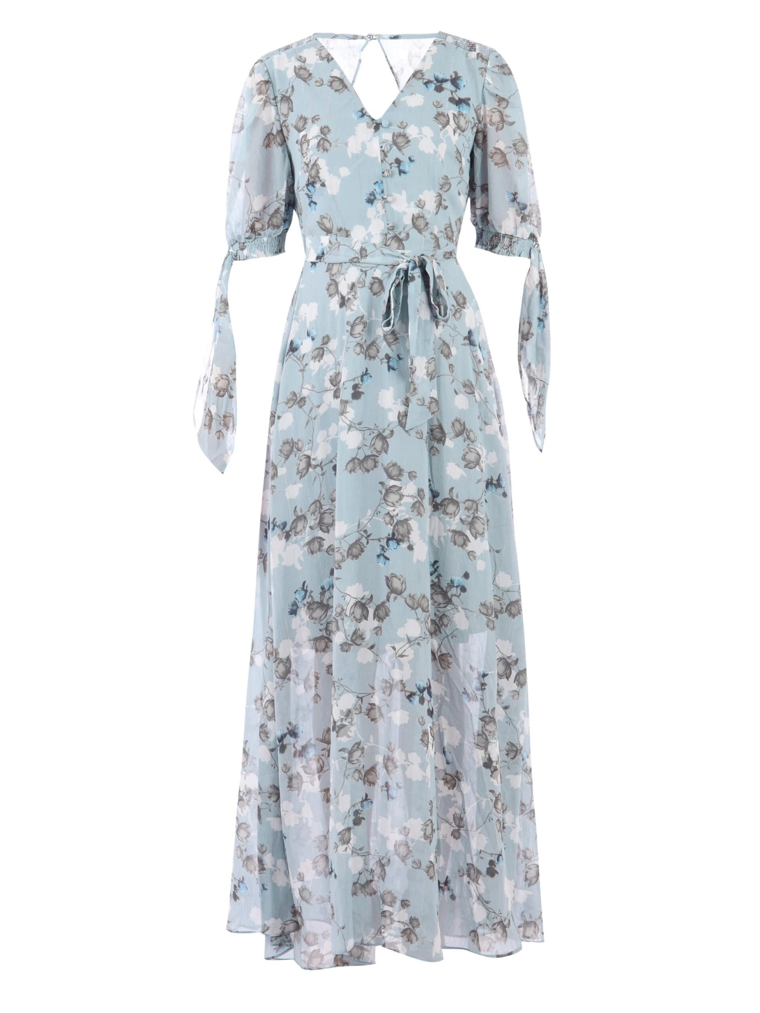 Puff Sleeve Chiffon Maxi Dress, Blue Floral 7 Puff Sleeve Chiffon Maxi Dress, Blue Floral - Image 7