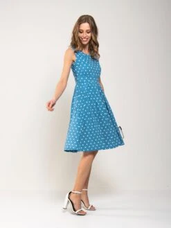 Spotty Printed Round Neck Jersey Dress, Blue Spot