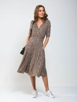 Wrap Front Viscose Dress, Neutral Animal