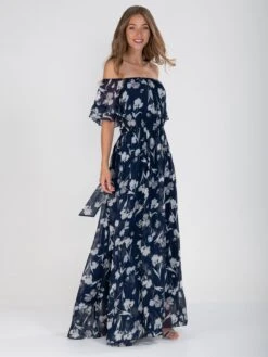 Off Shoulder Chiffon Maxi Dress, Navy Floral 13 Off Shoulder Chiffon Maxi Dress, Navy Floral -DORIA Clothing Shop 5053319332626 5