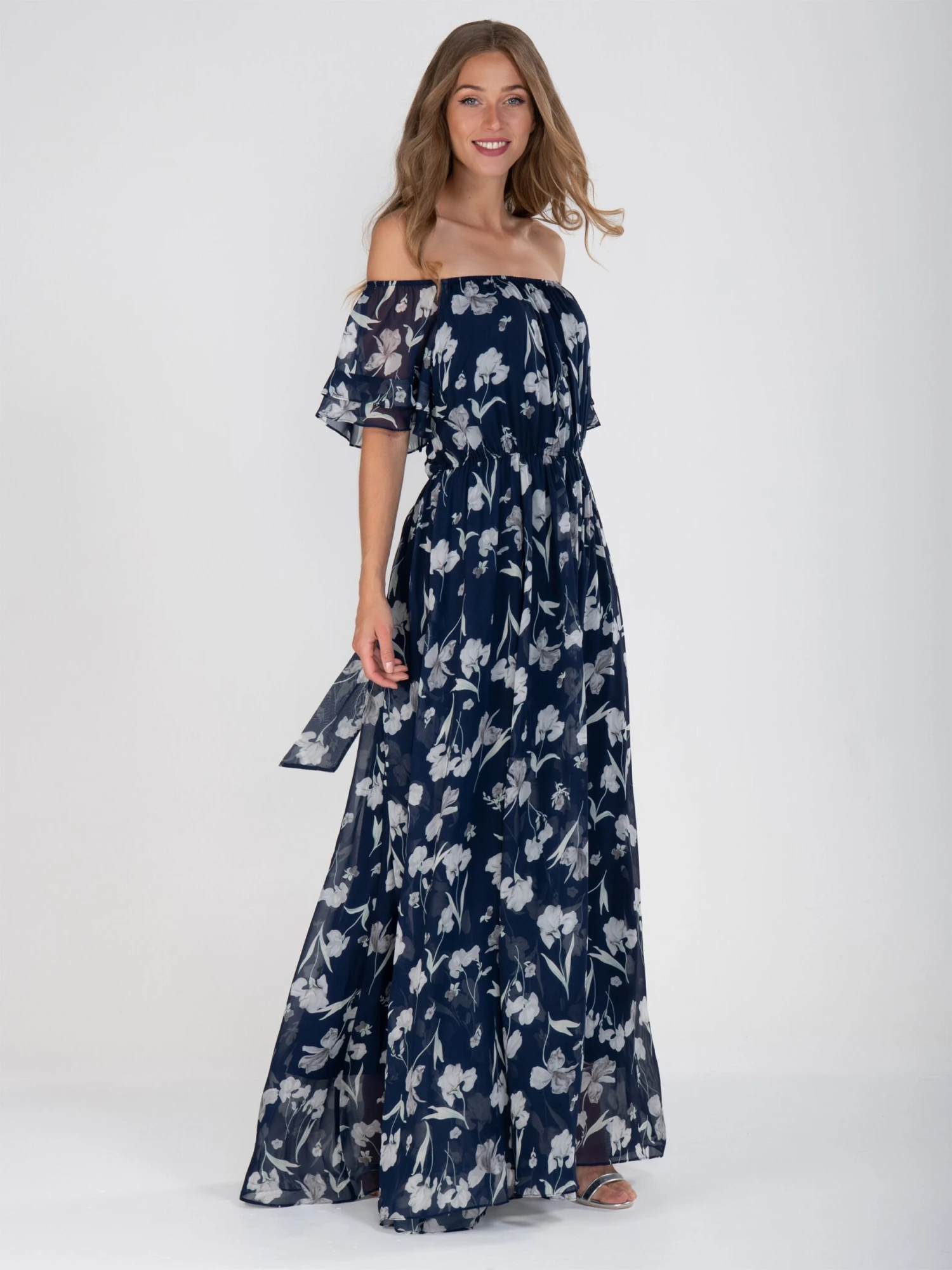 Off Shoulder Chiffon Maxi Dress, Navy Floral 7 Off Shoulder Chiffon Maxi Dress, Navy Floral - Image 7