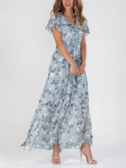 Flare Sleeve Chiffon Maxi Dress, Grey Floral -DORIA Clothing Shop 5053319332718
