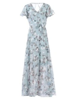 Flare Sleeve Chiffon Maxi Dress, Grey Floral -DORIA Clothing Shop 5053319332718 3