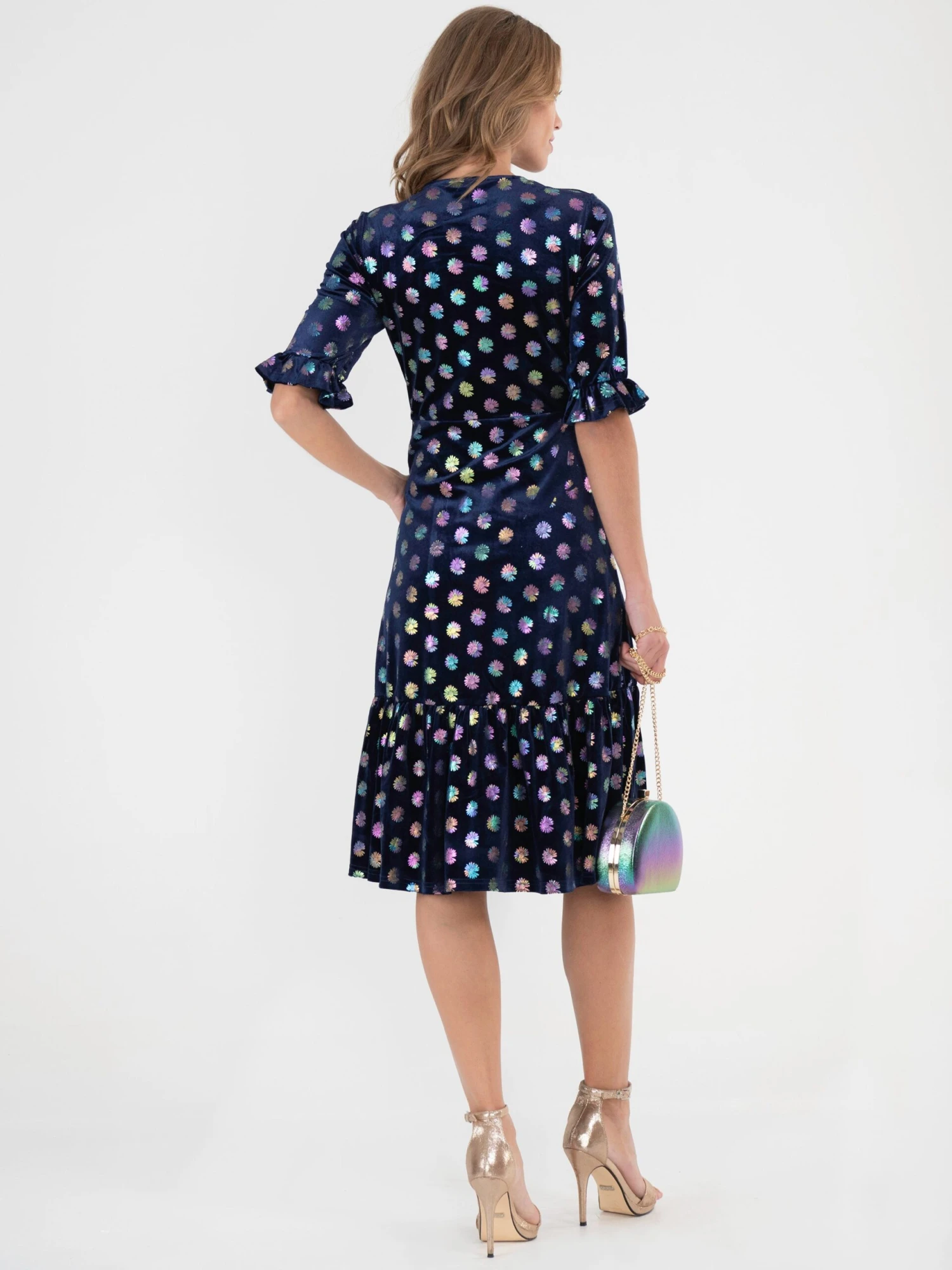 Jolie Moi Twist Front Metallic Spot Print Velvet Dress, Navy/Multi 5 Jolie Moi Twist Front Metallic Spot Print Velvet Dress, Navy/Multi - Image 5